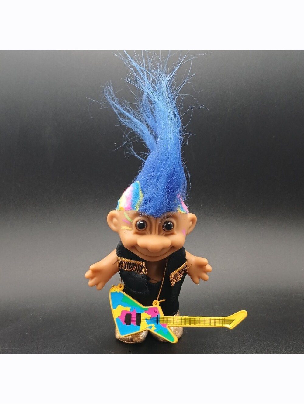 Vintage Russ Troll Doll 5" Punk Rock Rockstar Blue Rainbow Mohawk Hair Toy